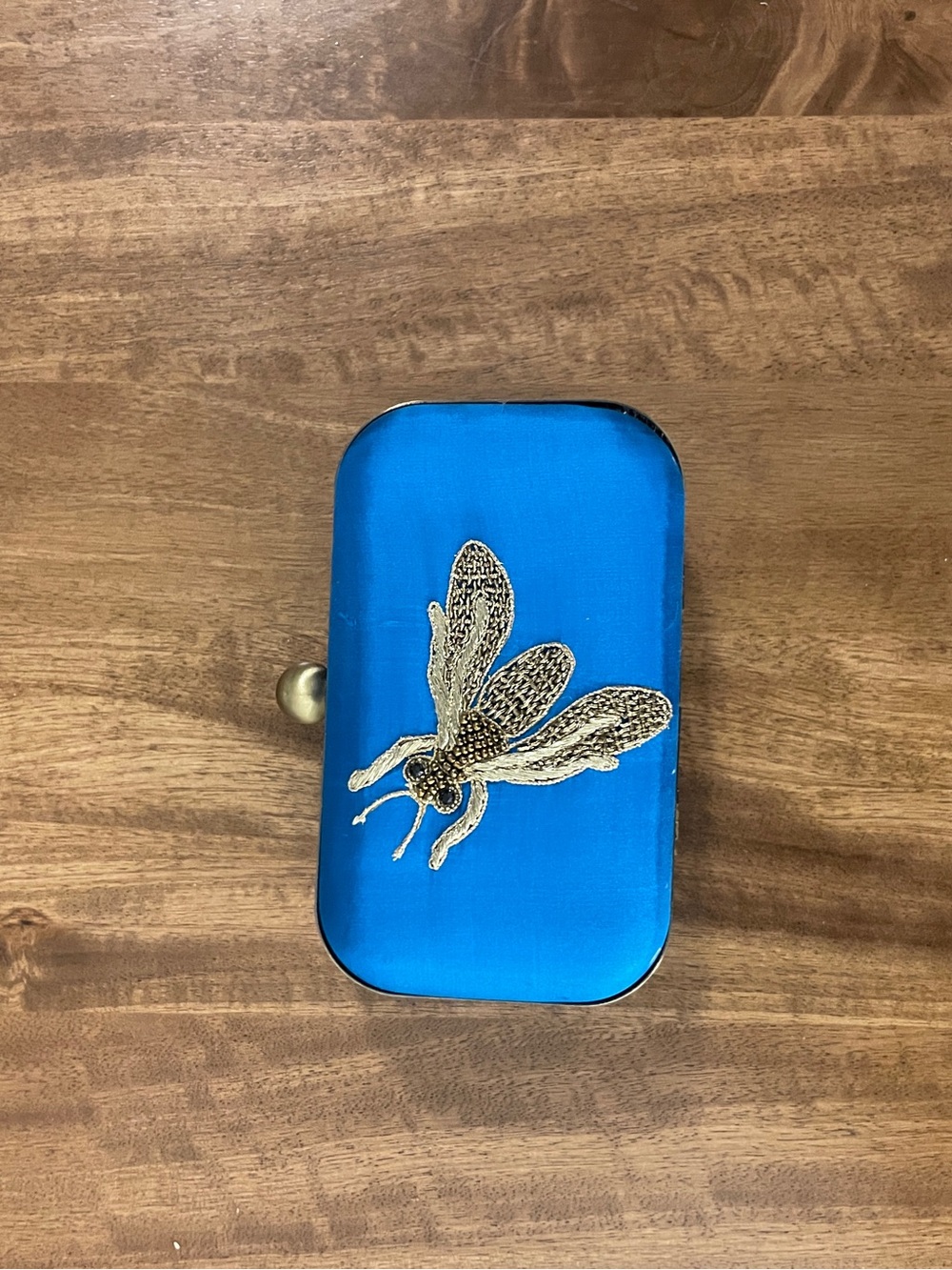 Blue Box with Embroidered Bee Accent clutch